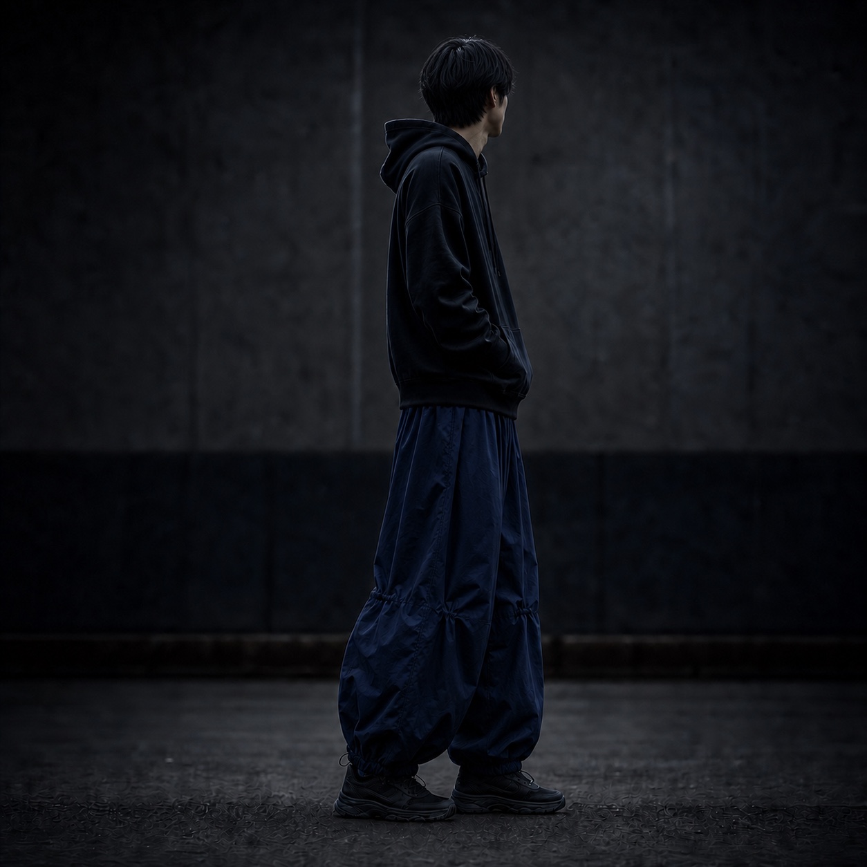 暗い背景の前に立つ上山翔太